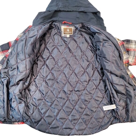 Legendary Outfitters Flannel Shirt Jacket Mens Size Small Red Plaid Print Hooded - Picture 7 of 12